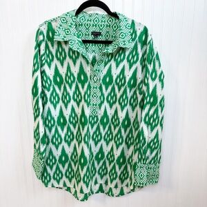 Talbots Kelly Green & White Leafy Ikat Border 1/2 Button Tunic Women’s Size XL